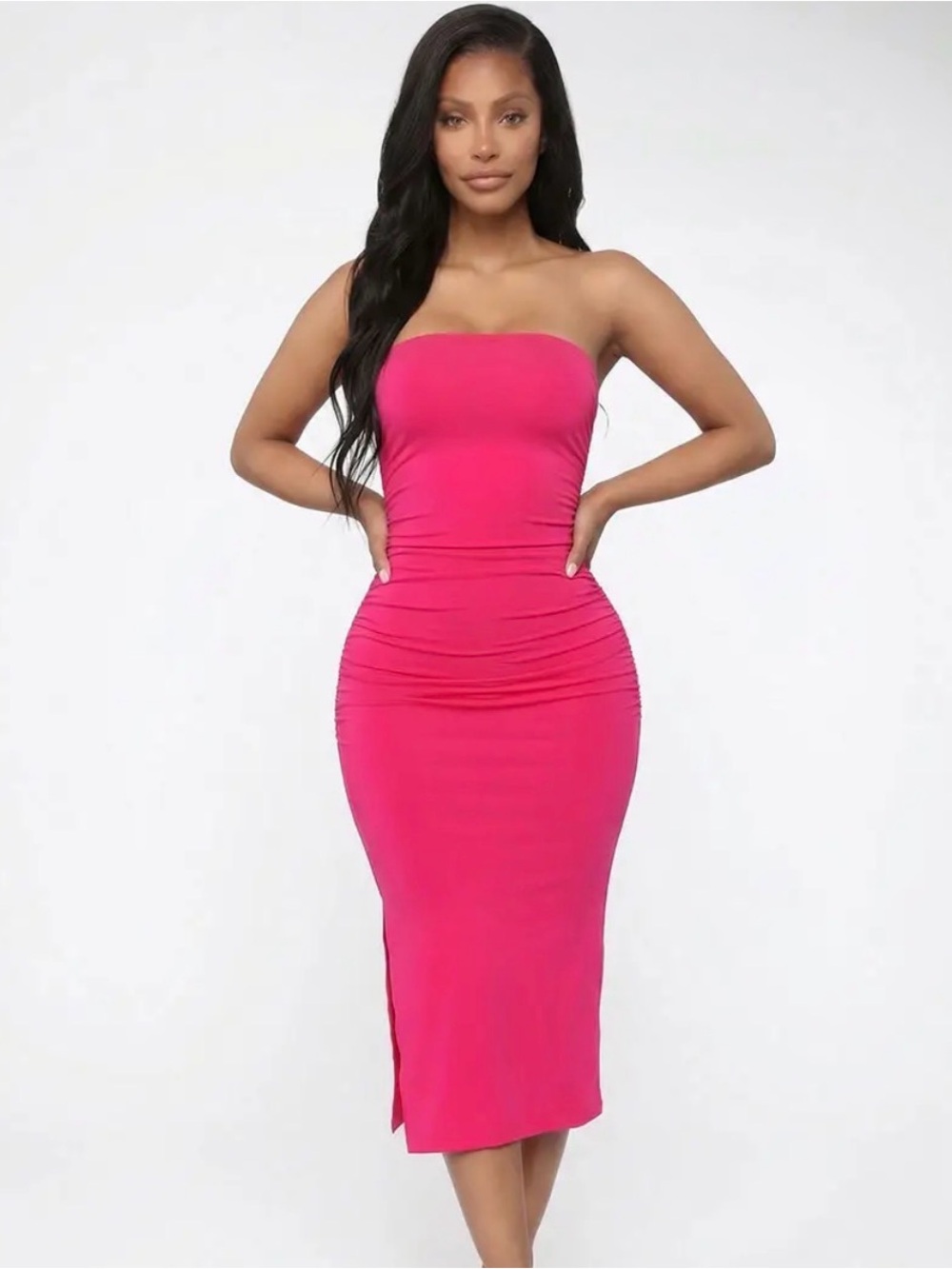 Strapless Ruched Midi Dress in Vibrant Pink